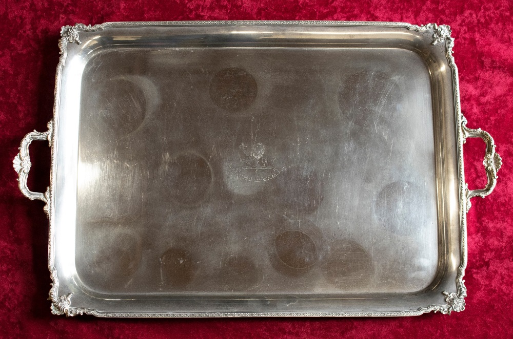 Geo.V hallmarked sterling silver two handled rectangular tray, border cast with roundels and