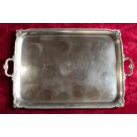 Geo.V hallmarked sterling silver two handled rectangular tray, border cast with roundels and
