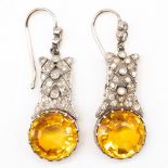 9ct white gold diamond and citrine earrings, round cut citrine claw set in diamond encrusted