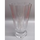 Simon Gate for Orrefors, an Art Deco cut glass vase clear octagonal tapering body decorated with