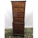 Small C20th Queen Anne style walnut chest on chest, moulded cornice with two short and three long