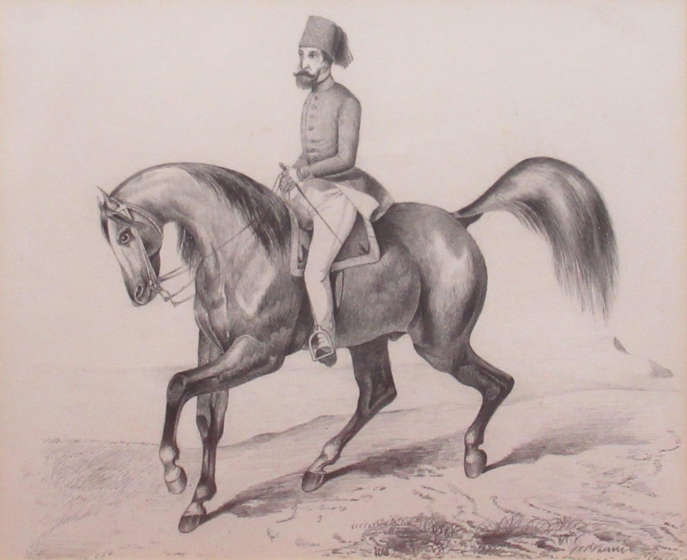 English School (Mid C19th); Russian officer on horseback, pencil, unsigned, 19cm x 23cm