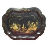 Early Victorian shaped rectangular papier mache tray, chinoiserie decorated with pagodas and a