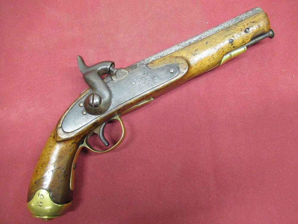 Percussion cap service pistol, with brass mounts 7 1/2" smooth bore barrel, top engraved "Hull River