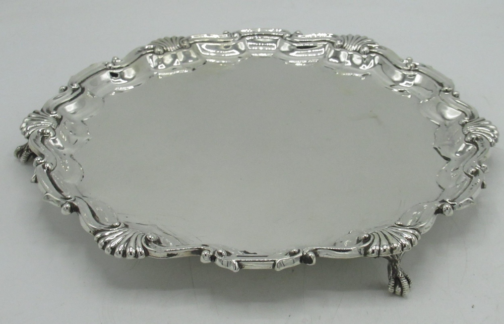 Geo.III style Victorian hallmarked sterling silver circular salver, shell and scroll cast border