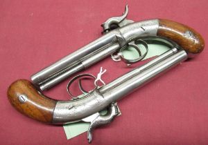 Good scarce pair of American double barrel single trigger percussion pistols, possibly by Allen &