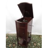 Early C20th HMV boxwood strung mahogany bowfront cabinet gramophone, hinged top and two doors on