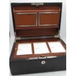 Victorian EPNS banded black leather covered writing case, hinged lid with silver hallmarked