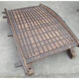 Vintage Indian iron bound hardwood ox cart, arched frieze with scroll supports, W195 D135 H46