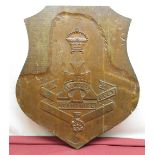 C20th carved oak shield shaped wall plaque for The Prince of Wales Yorkshire Regt. part finished,