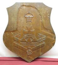 C20th carved oak shield shaped wall plaque for The Prince of Wales Yorkshire Regt. part finished,