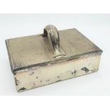 Geo.V Art Deco hallmarked Sterling silver Treasury style cigar box, with strap work handle, engine