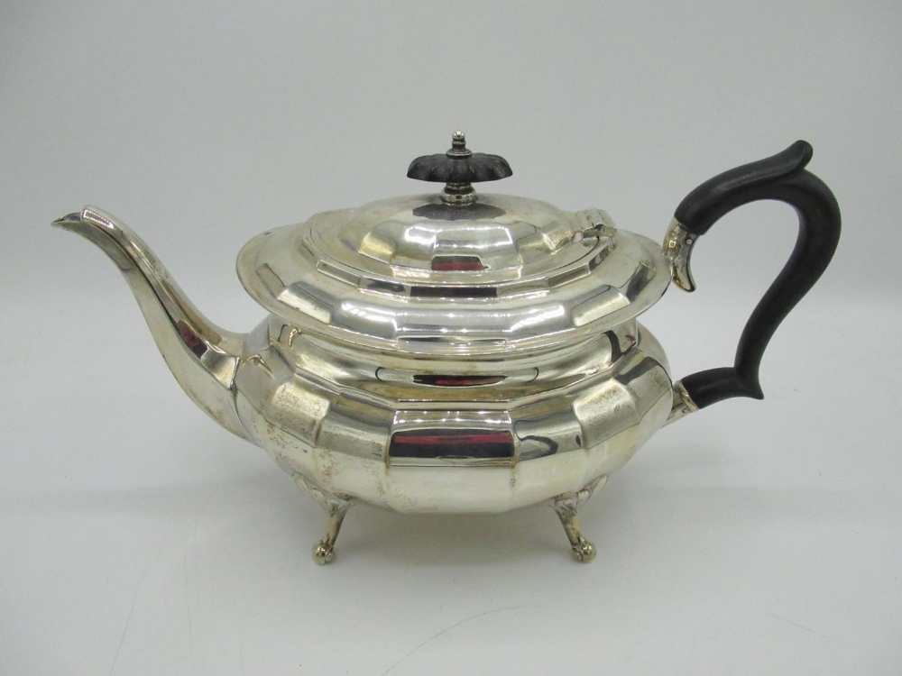 Geo.V hallmarked sterling silver three piece tea service, tea pot with ebonised handle and final, - Image 2 of 3