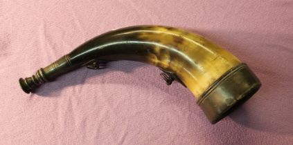 C19th hunting style horn, with twin hanging rings and pewter mouth piece and mounts, L28cm