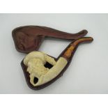 C19th Meerschaum pipe, bowl carved as the head of a bearded gentleman with plumed hat, L26cm in