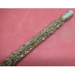 Unusual late C19th burr wood walking stick, continental white metal top embossed with stags in