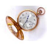 Hallmarked 18ct gold J.W Benson half hunter top wind pocket watch, signed white Arabic dial with