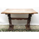 Italian walnut side table, rectangular moulded top on scroll carved supports with stepped bases