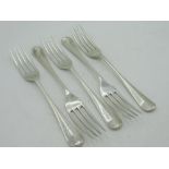 Set of five Geo.V hallmarked Sterling silver Old English Pattern dessert forks, initialled W, by