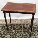 Geo.III style mahogany centre table, rectangular top with a specimen wood chequer band and fluted