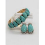 Pair of mid century turquoise and diamond clip earrings, teardrop cabochon turquoise beads, the