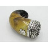 Victorian white metal mounted rams horn snuff mull, hinged repousse lid set with flowers and