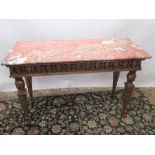 Pair of Regency style giltwood rectangular side tables, with rouge marble tops and acanthus frieze