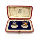Pair of Geo.V hallmarked sterling silver and enamel menu holders for Wadham College Oxford and