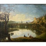 Continental School (early C19th); Shepherd and fisher folk in an extensive river landscape, a town