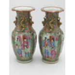 Pair of C19th Japanese Canton vases, baluster bodies decorated in Famile enamels with alternating