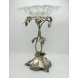 Victorian EPNS table centre, cut glass circular bowl on open vine work support cast with grape
