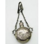 Early C20th Dutch baroque style perfume flask and chatelaine, panels set with classical scenes and