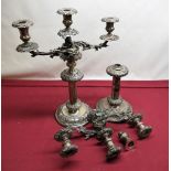 Pair of large Victorian Country House hallmarked sterling silver three light table candlesticks, the