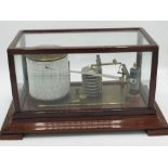 Edwardian brass Barograph, mahogany framed five glass case on rectangular stepped base with