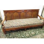 Early C20th country made oak and other wood bench seat, five panel back with upholstered seat on