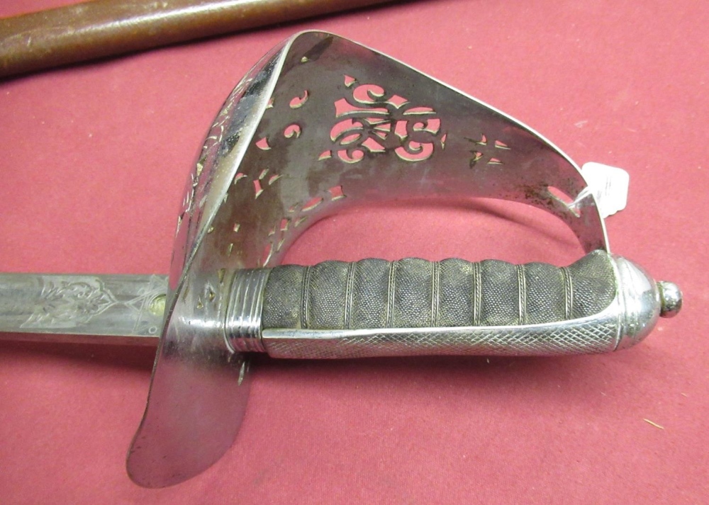 Geo. V officers dress sword with 32" straight part single forward blade engraved with various - Image 2 of 3