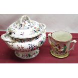 Victorian Staffordshire two handled soup tureen and cover, printed and enamelled with polychrome