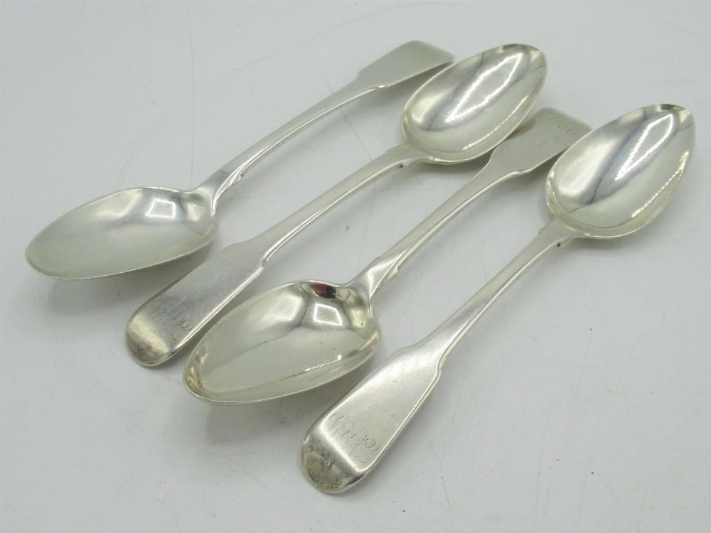 Set of four Geo.III hallmarked sterling silver Fiddle pattern dessert spoons, initialled, by