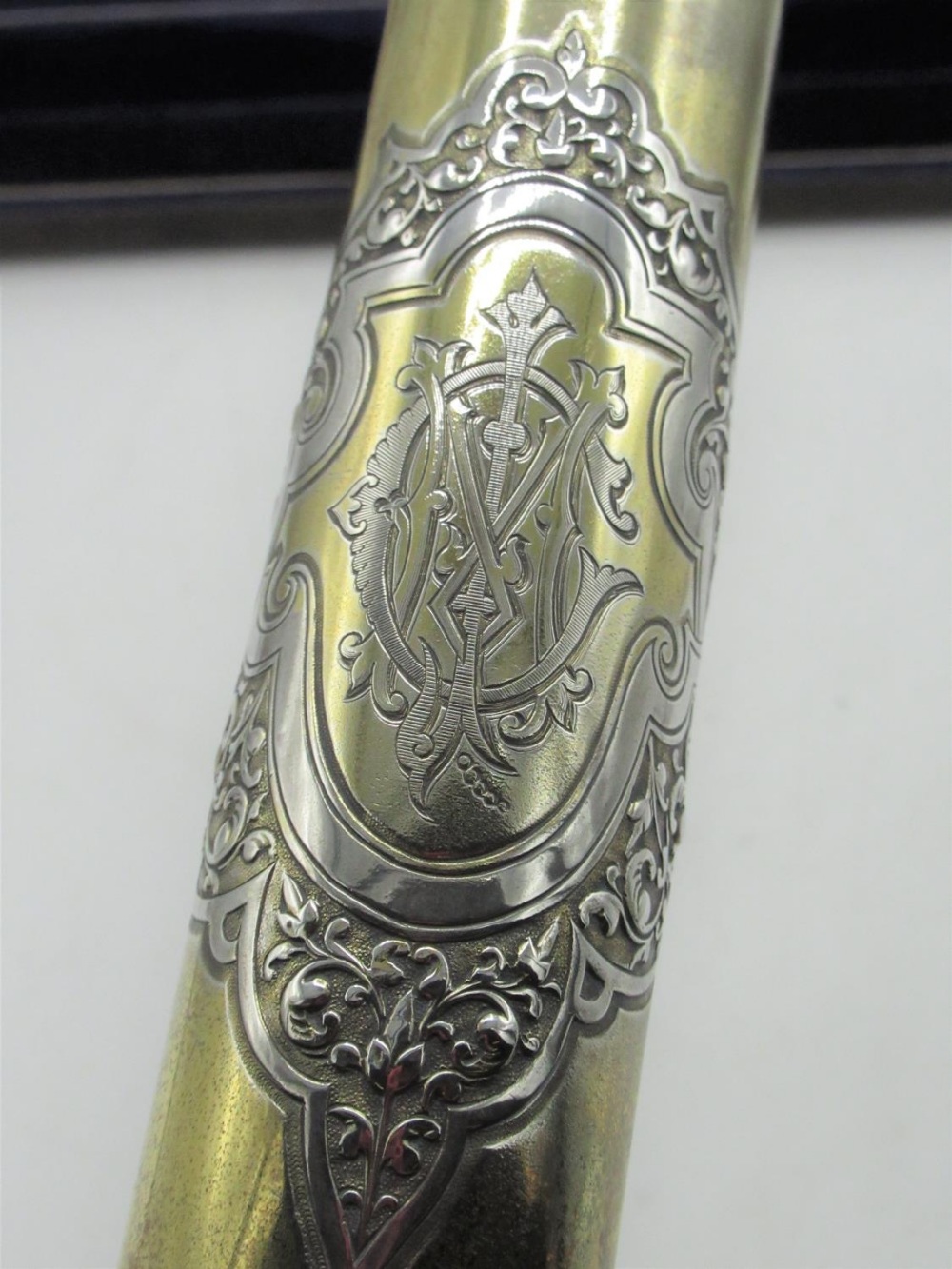 Victorian hallmarked Sterling Scottish silver gilt presentation scroll case decorated with