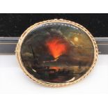 C19th Grand Tour oval miniature brooch/pendant, hand painted with a night study of Vesuvius