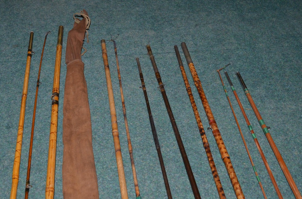 Vintage split cane and bamboo fishing rods, including two piece child's fishing stick (A/F) - Image 6 of 8