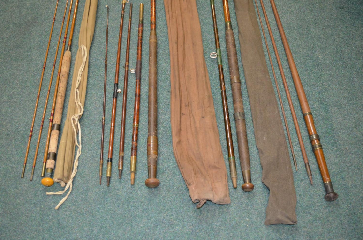 Four vintage fishing rods - unfinished solid wood turned three piece fishing rod L310cm (A/F), - Image 3 of 11