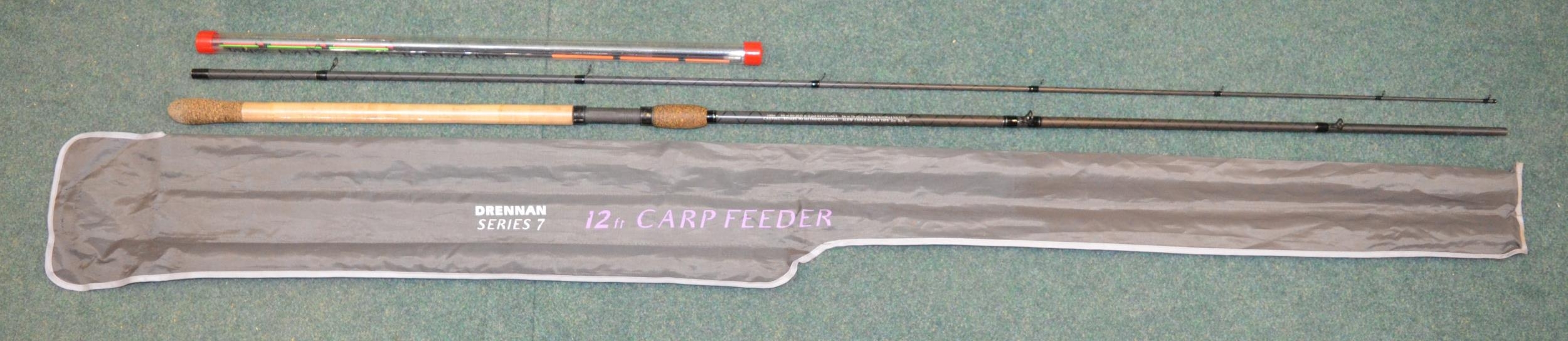 Lightly used Drennan series 7, 12ft carp feeder fishing rod with 3 quiver tips