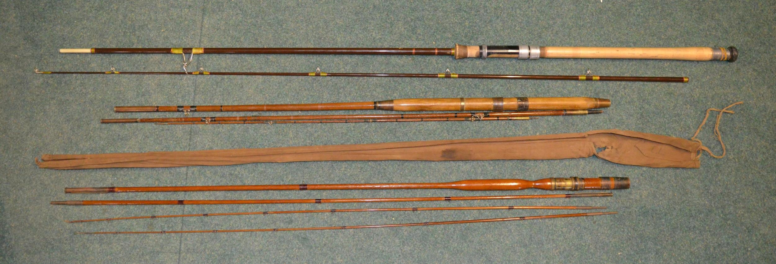 Three vintage rods, two split canes and an early Hardy carbon fibre light two handled general
