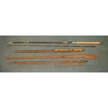 Three vintage rods, two split canes and an early Hardy carbon fibre light two handled general