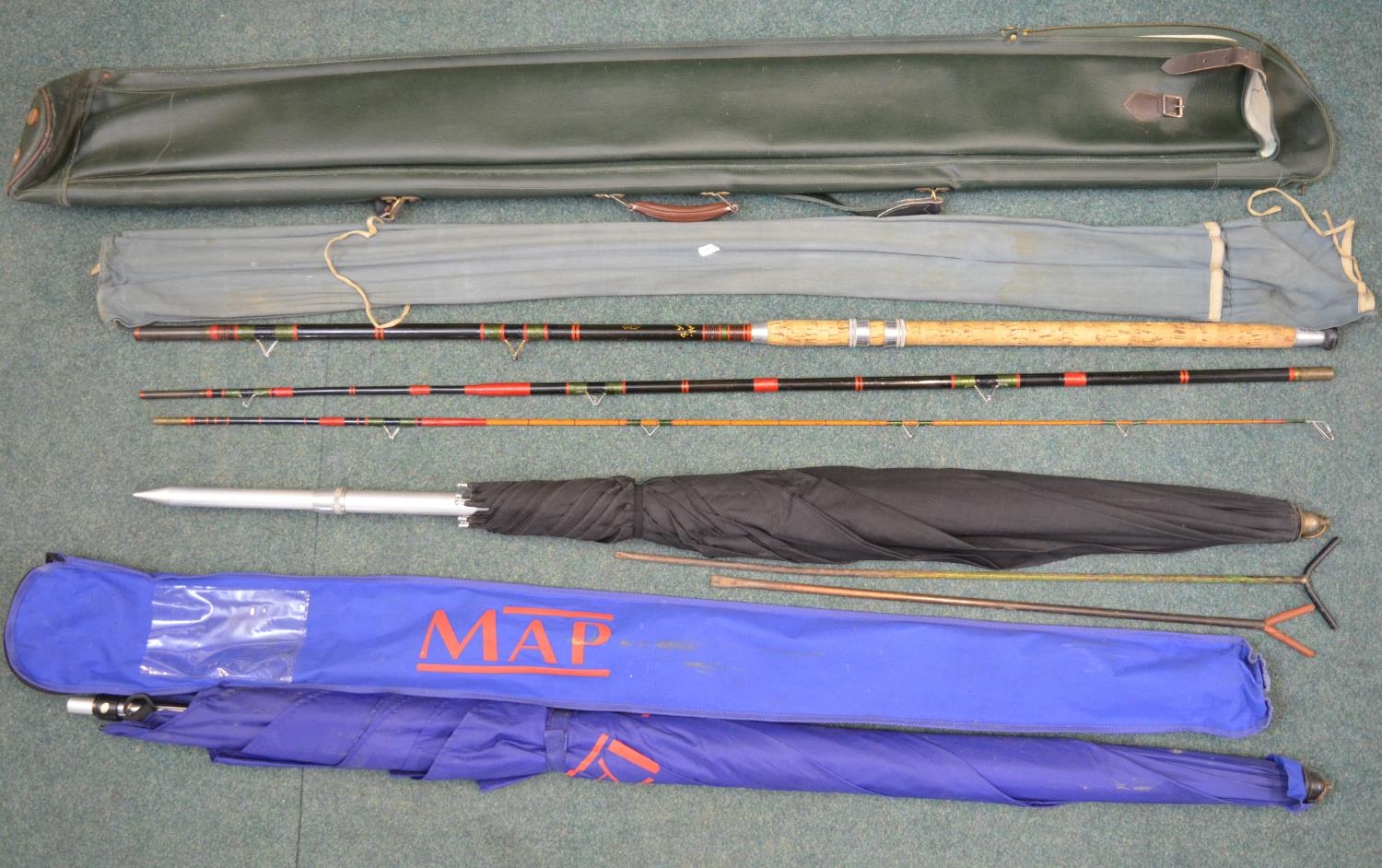 A Precision Rods 3 piece composite and cane rod "R Sealeys Match Winner", length 401cm with green