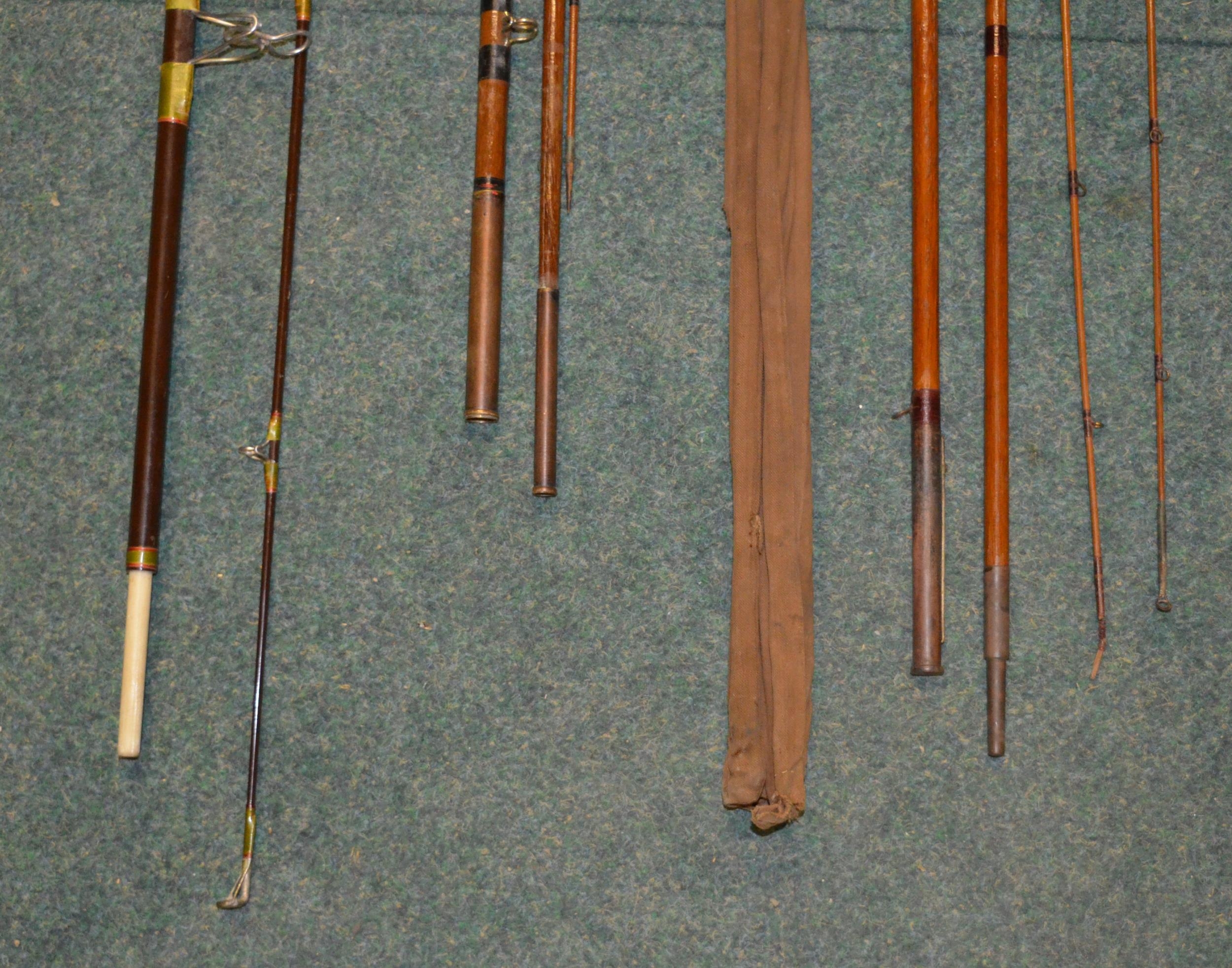 Three vintage rods, two split canes and an early Hardy carbon fibre light two handled general - Image 3 of 14
