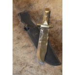 Extremely large Harry Boden bowie knife with clip blade, tooling to the back, large brass handguard,
