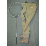 Pair of Shakespeare rubber waders, size L and a large lightweight aluminium landing net, diameter