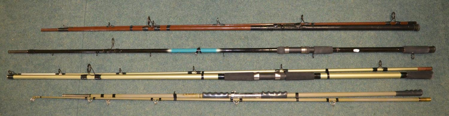 4 carbon fibre 2 piece fishing rods - modern Shakespeare 12ft "In2 Beachcaster", vintage "Castaway"